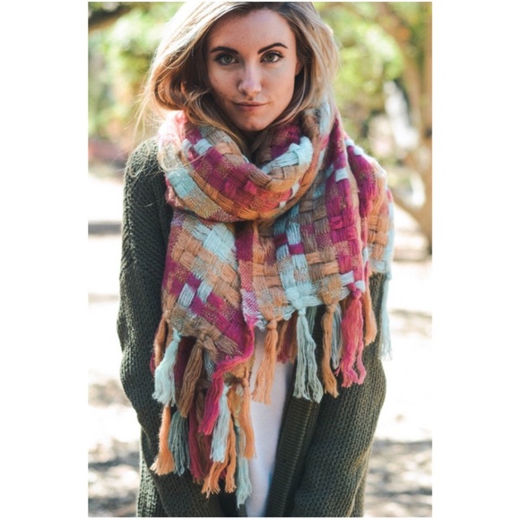 mustard blue knit tassel fall comfy scarf - Picture 2 of 2